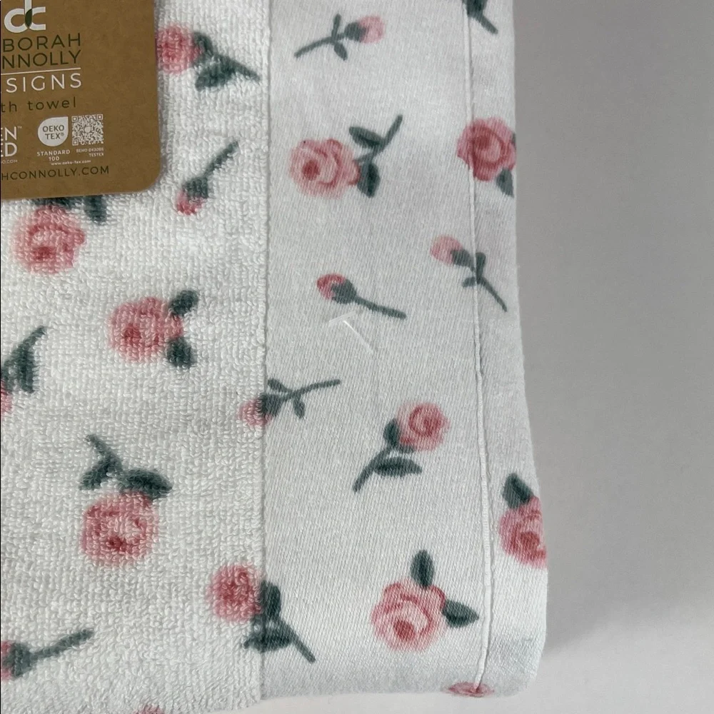 Deborah Connolly Bath Towels White with Pink Rose Floral Cotton Soft 2 Pc NEW